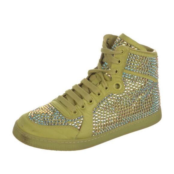AUTH GUCCI Sneakers High Top Swarovski Crystals Leather Lime RARE 36.5 EU 6.5 US - Picture 1 of 5